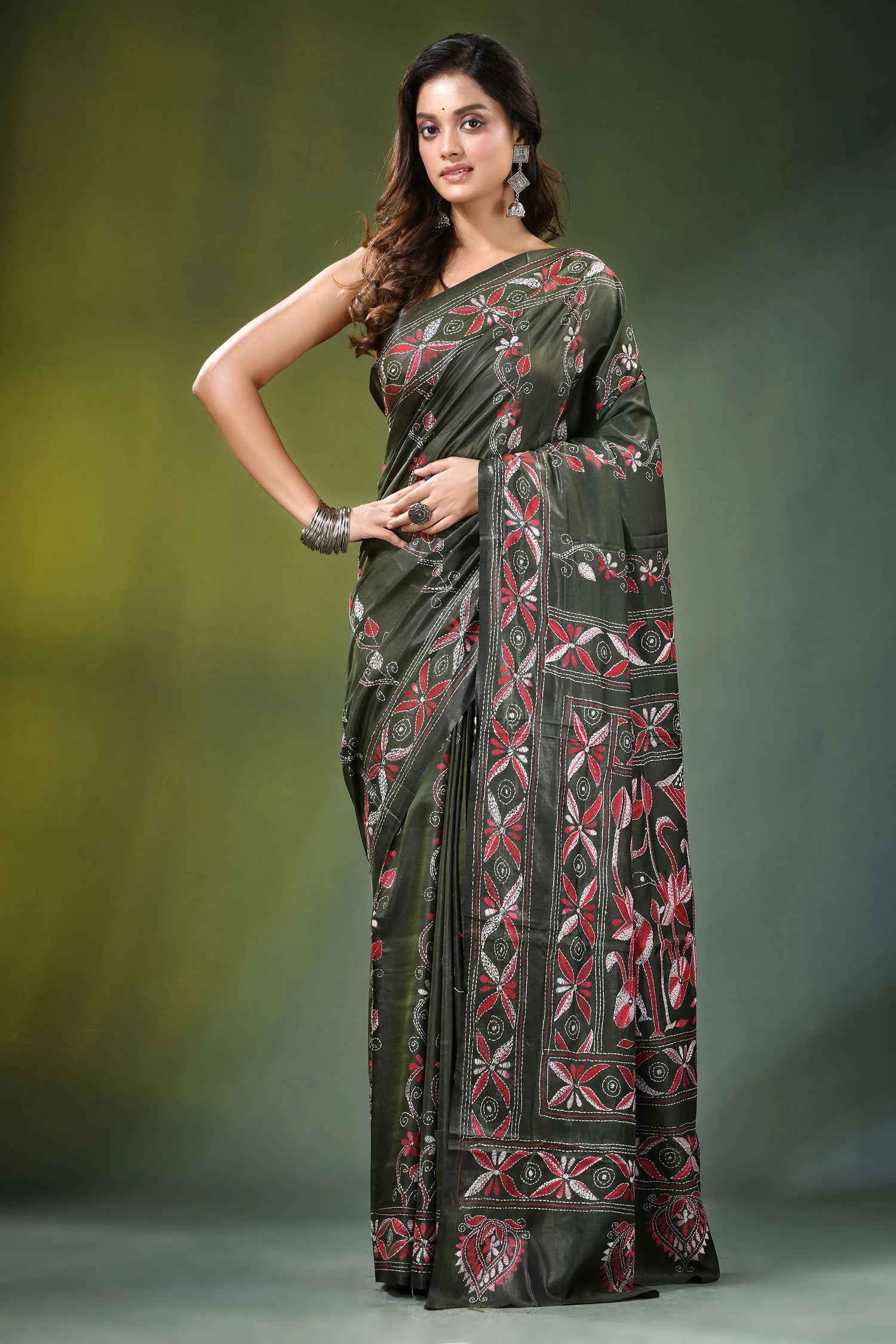 Handmade olive green nature theme silk kantha saree dark adorned 6