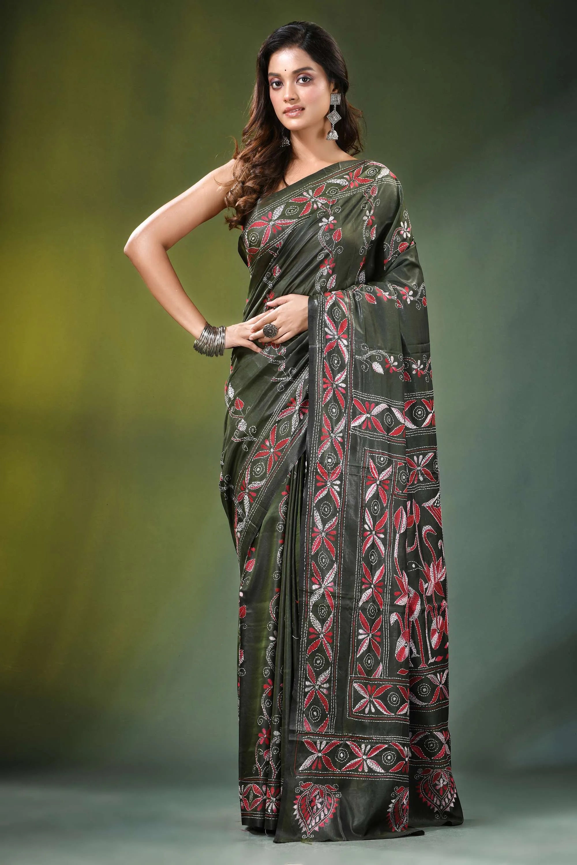 Handmade olive green nature theme silk kantha saree dark adorned 6