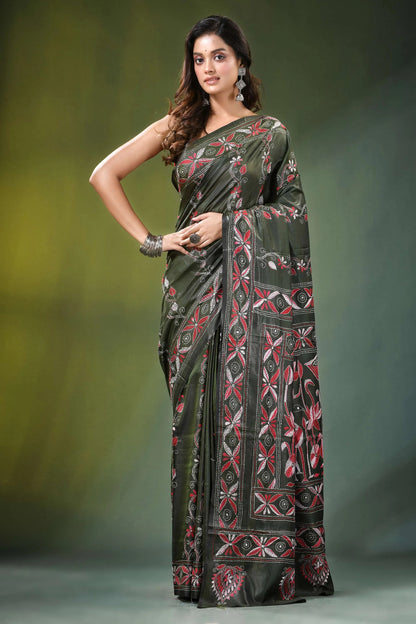 Handmade olive green nature theme silk kantha saree dark adorned 6