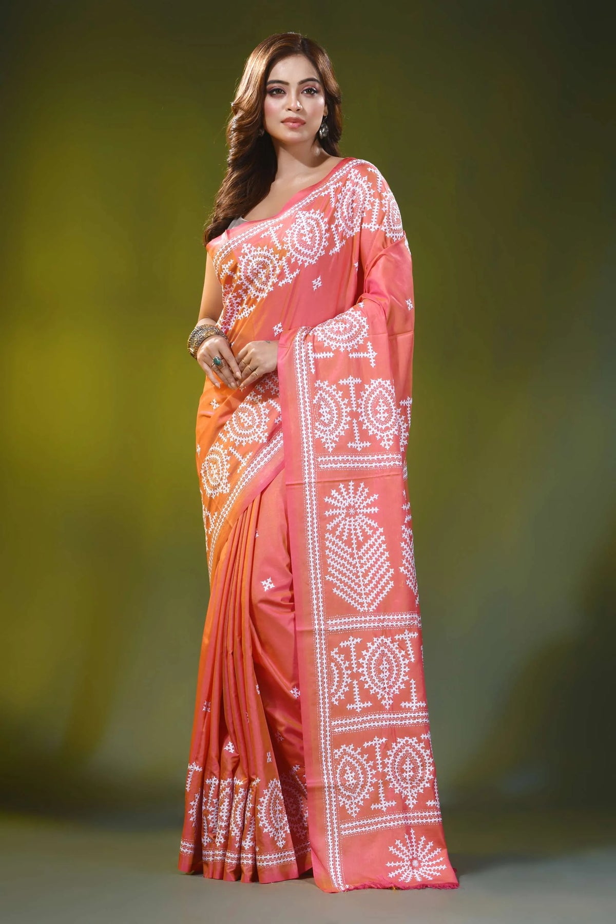 Handmade peach orange traditional motif silk gujarati stitch saree 6