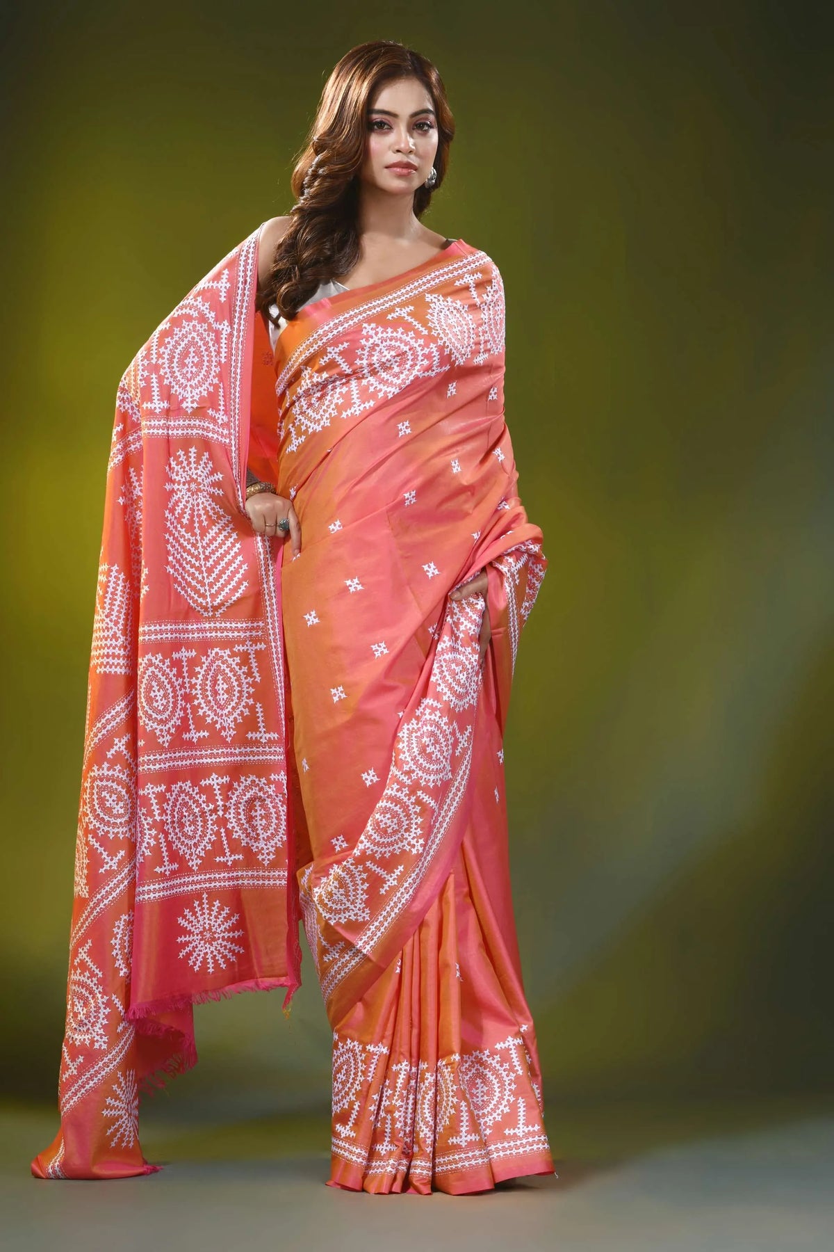 Handmade peach orange traditional motif silk gujarati stitch saree 4