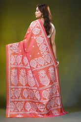 Handmade peach orange traditional motif silk gujarati stitch saree 5