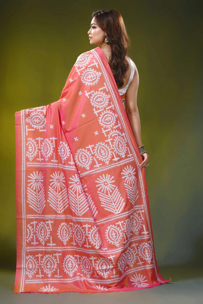 Handmade peach orange traditional motif silk gujarati stitch saree 5