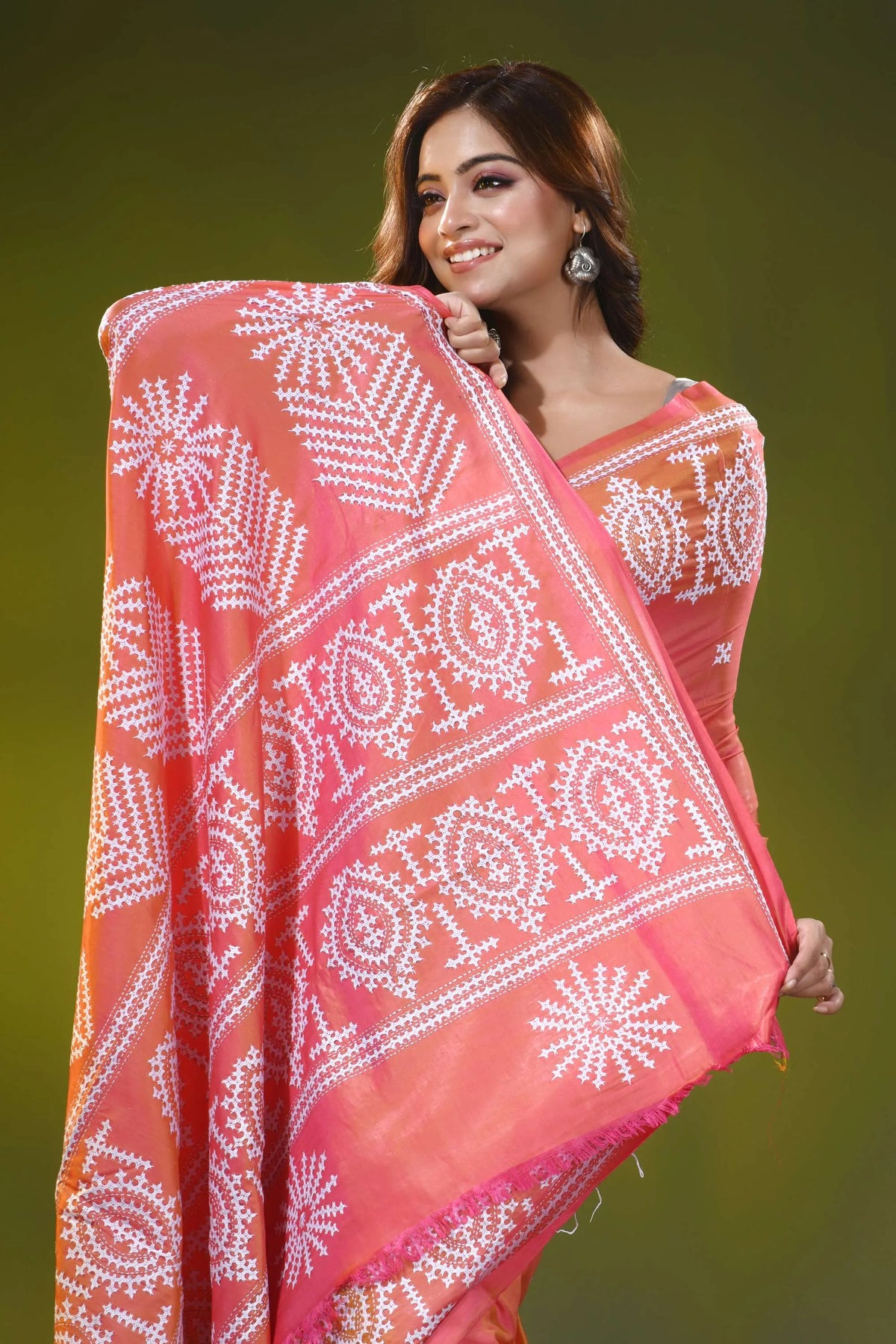 Handmade peach orange traditional motif silk gujarati stitch saree 2