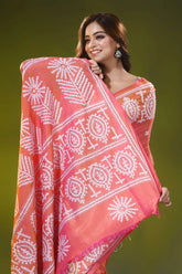 Handmade peach orange traditional motif silk gujarati stitch saree 2