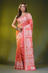 Handmade peach orange traditional motif silk gujarati stitch saree 1