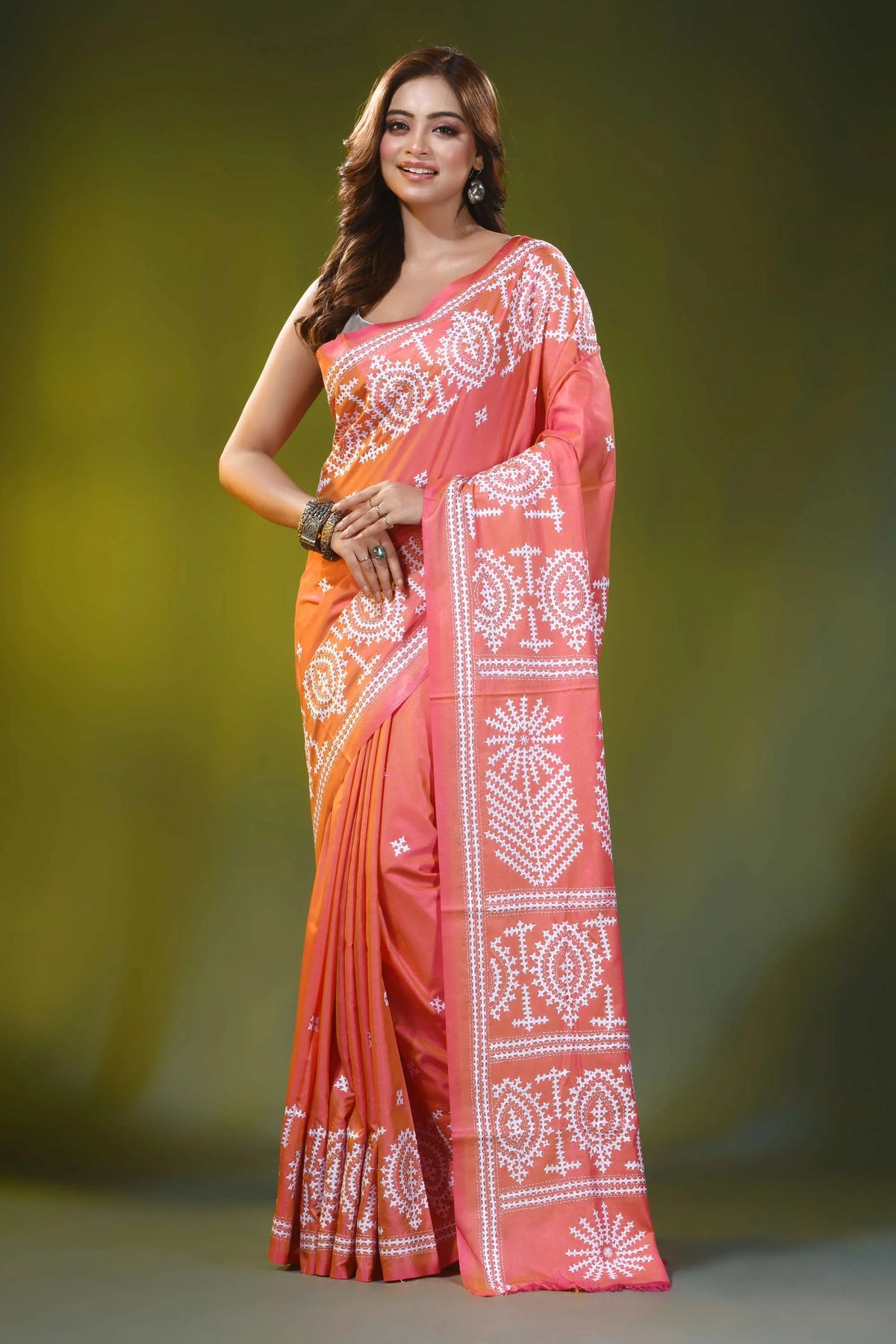 Handmade peach orange traditional motif silk gujarati stitch saree 1