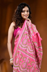 Handmade pink silk gujarati stitch saree with multicolor paisley motif 5