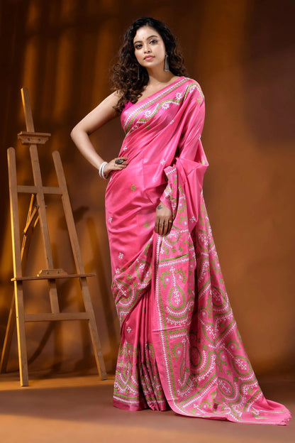 Handmade pink silk gujarati stitch saree with multicolor paisley motif 4