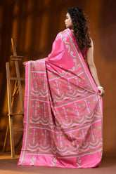 Handmade pink silk gujarati stitch saree with multicolor paisley motif 6