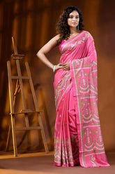 Handmade pink silk gujarati stitch saree with multicolor paisley motif 2