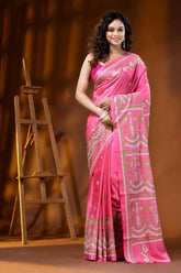 Handmade pink silk gujarati stitch saree with multicolor paisley motif 1
