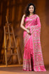 Handmade pink silk gujarati stitch saree with multicolor paisley motif 1