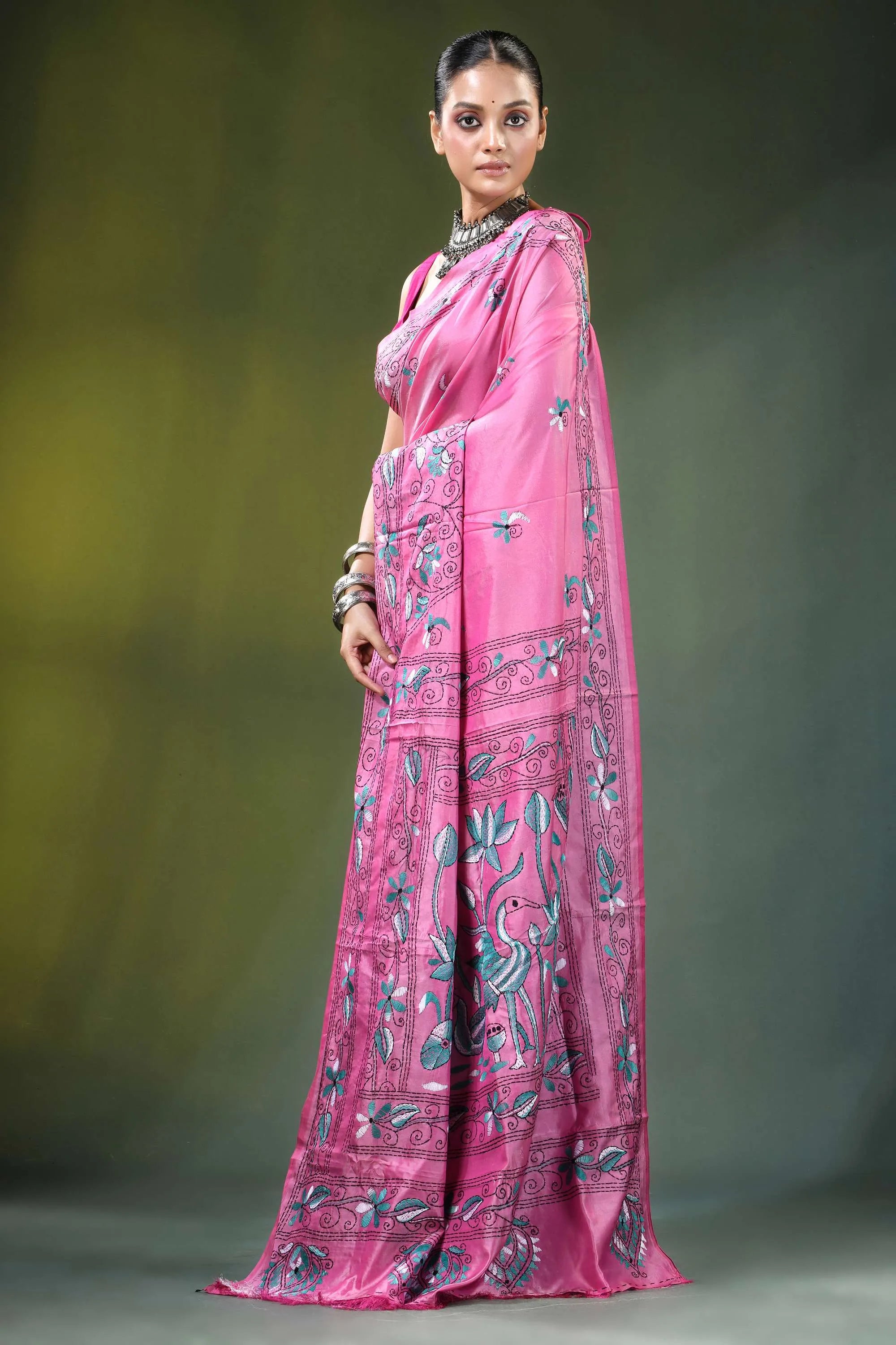 Handmade pink silk kantha stitch saree with nature theme vibrant adorned 3