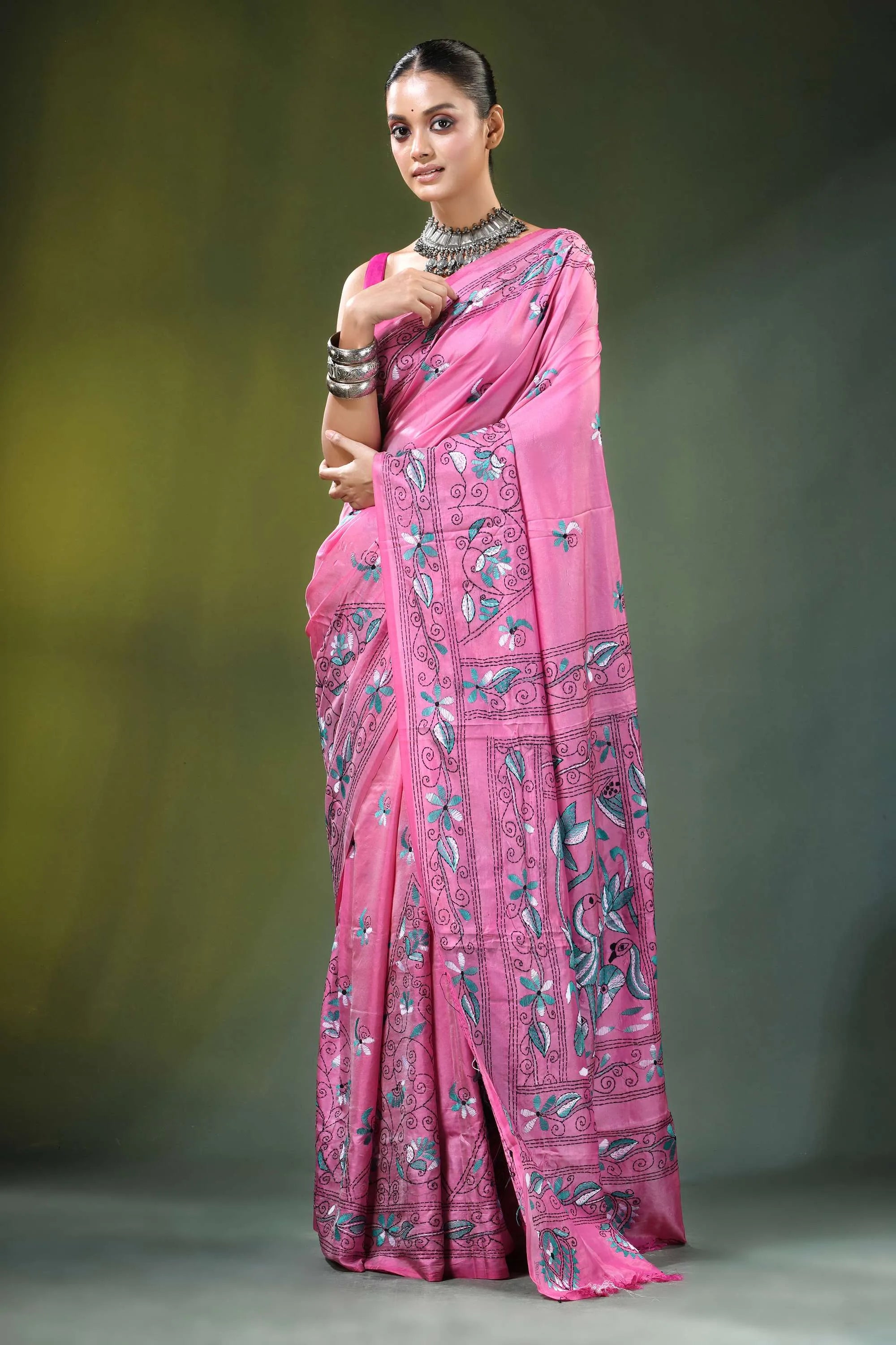 Handmade pink silk kantha stitch saree with nature theme vibrant adorned intricate 6