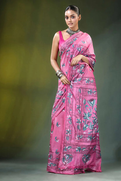 Handmade pink silk kantha stitch saree with nature theme vibrant adorned intricate 4