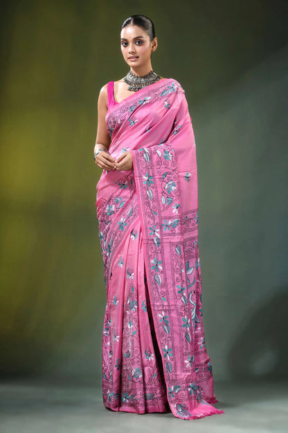 Handmade pink silk kantha stitch saree with nature theme vibrant intricate silver 1