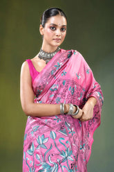 Handmade pink silk kantha stitch saree with nature theme vibrant intricate teal 2