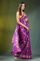 Handmade purple kantha embroidery silk saree with exclusive bird motif vibrant adorned 4