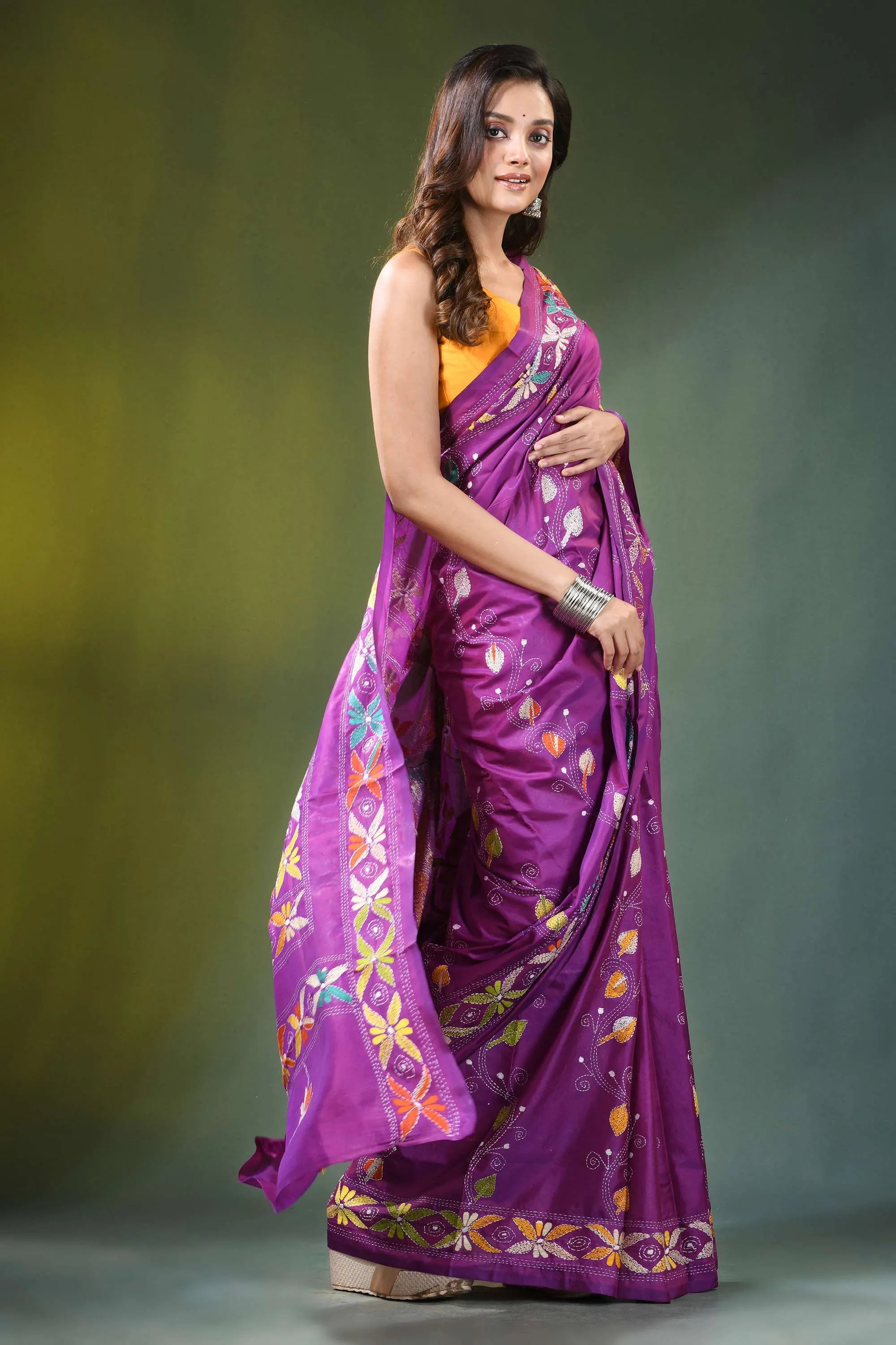 Handmade purple kantha embroidery silk saree with exclusive bird motif vibrant adorned 4