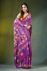 Handmade purple kantha embroidery silk saree with exclusive bird motif vibrant adorned intricate 6