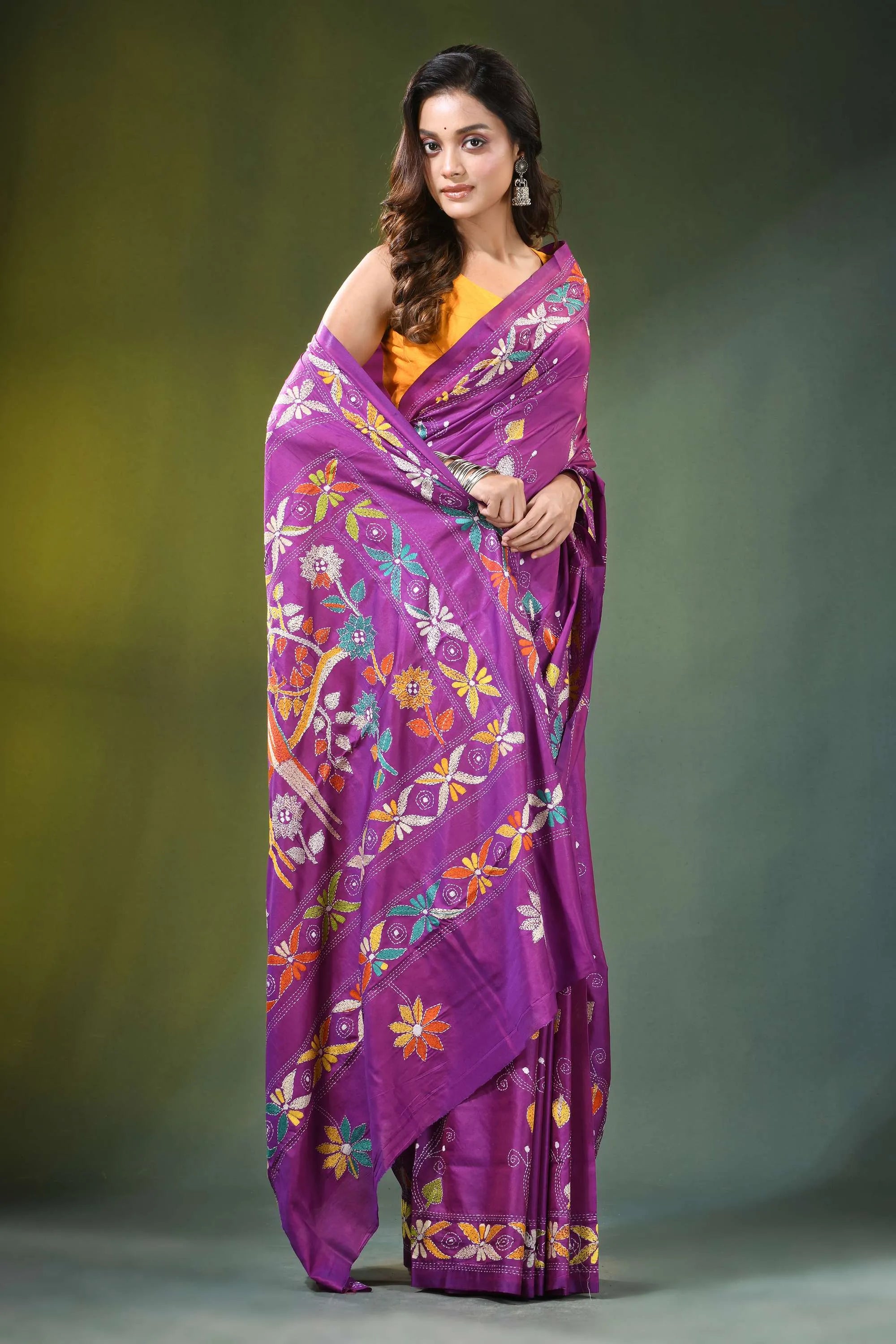 Handmade purple kantha embroidery silk saree with exclusive bird motif vibrant adorned intricate 6
