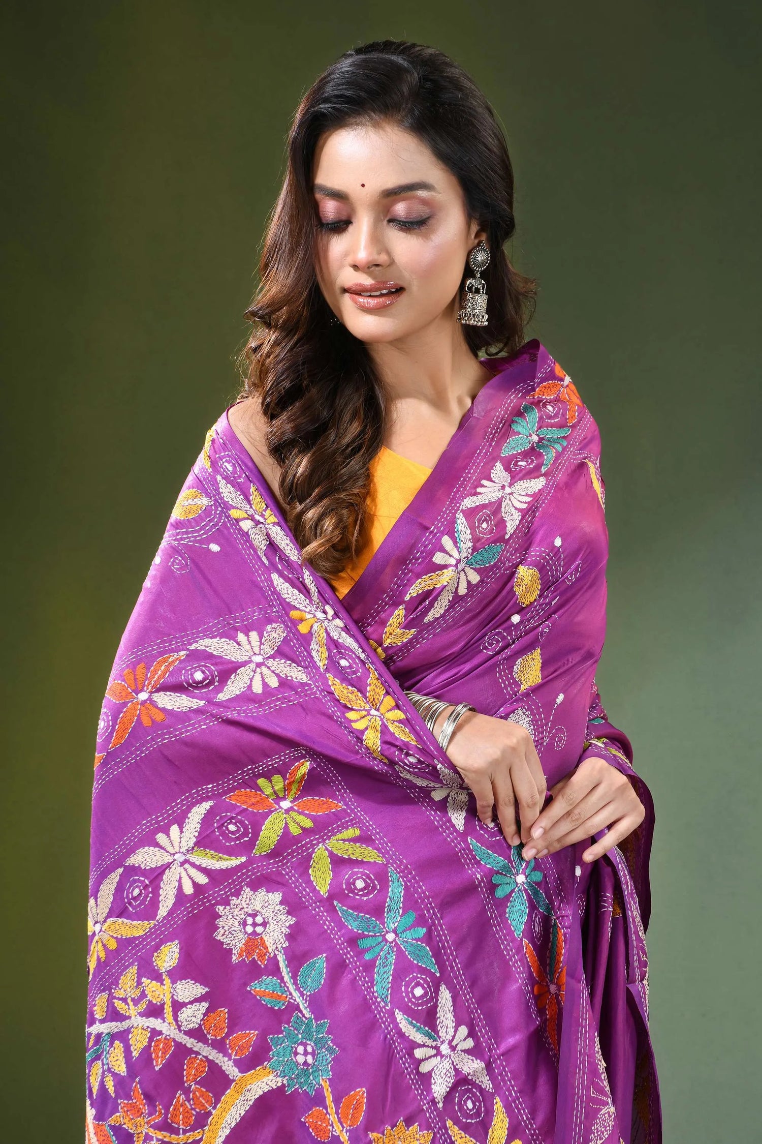 Handmade purple kantha embroidery silk saree with exclusive bird motif vibrant adorned intricate 2
