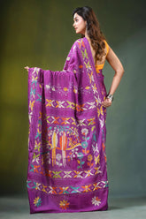 Handmade purple kantha embroidery silk saree with exclusive bird motif vibrant adorned 5