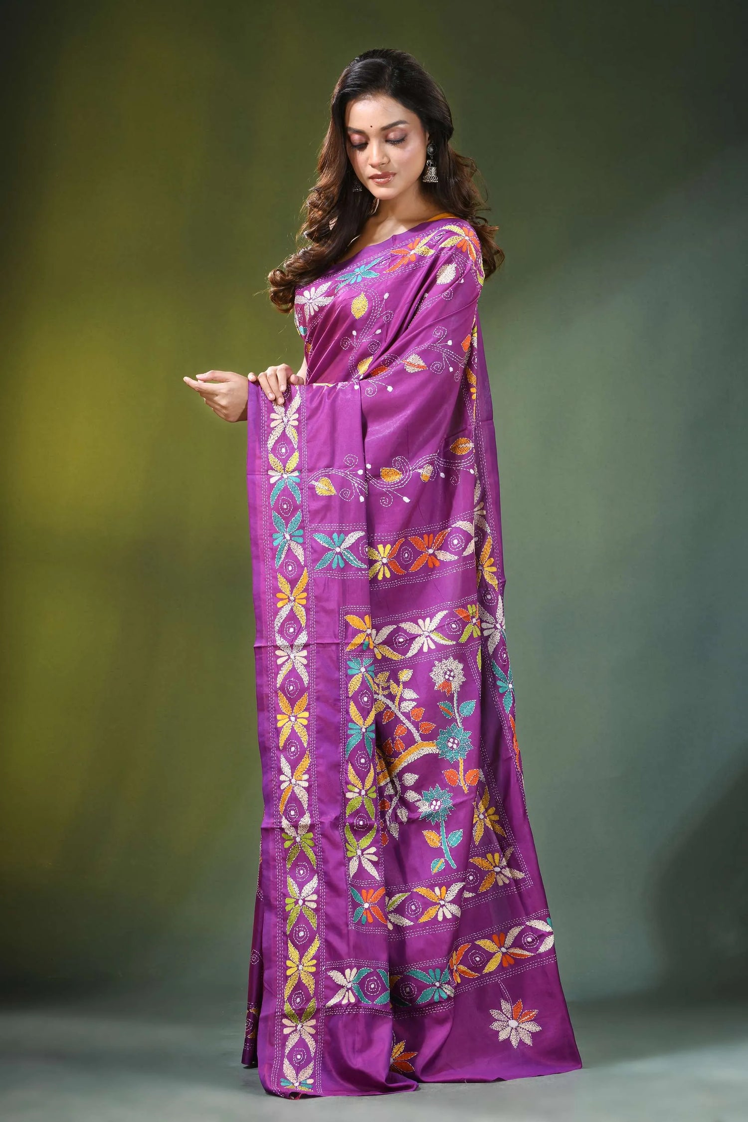 Handmade purple kantha embroidery silk saree with exclusive bird motif vibrant adorned intricate 3