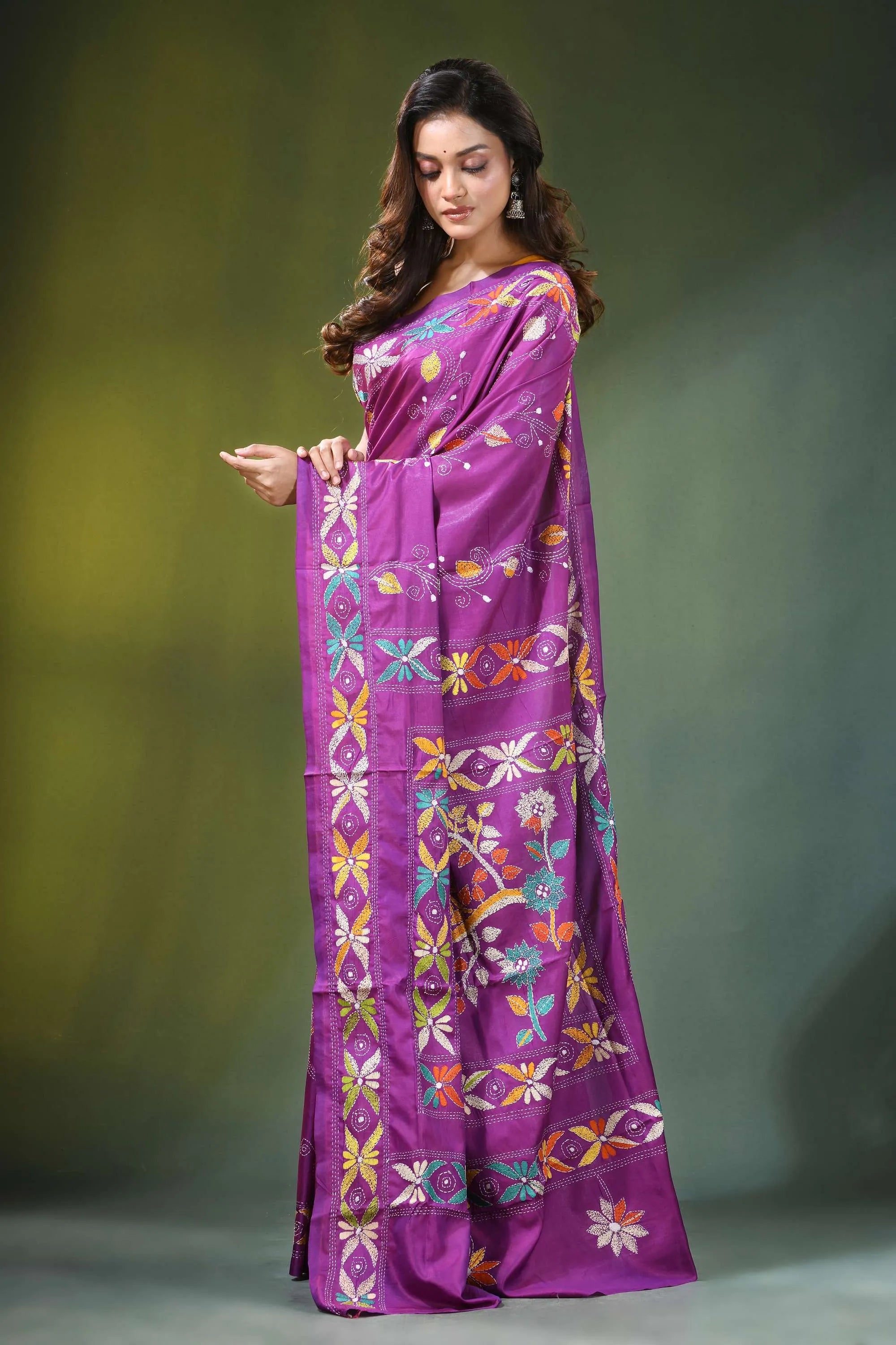 Handmade purple kantha embroidery silk saree with exclusive bird motif vibrant adorned intricate 3