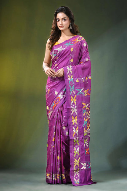Handmade purple kantha embroidery silk saree with exclusive bird motif vibrant adorned 1