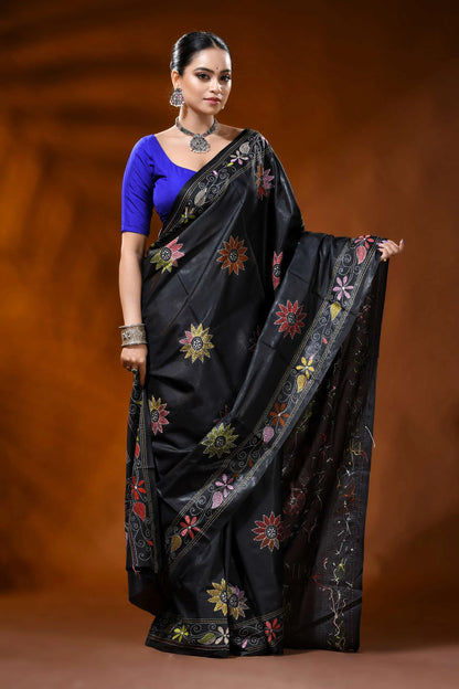 Handmade raven black silk kantha saree with multicolor floral design 5