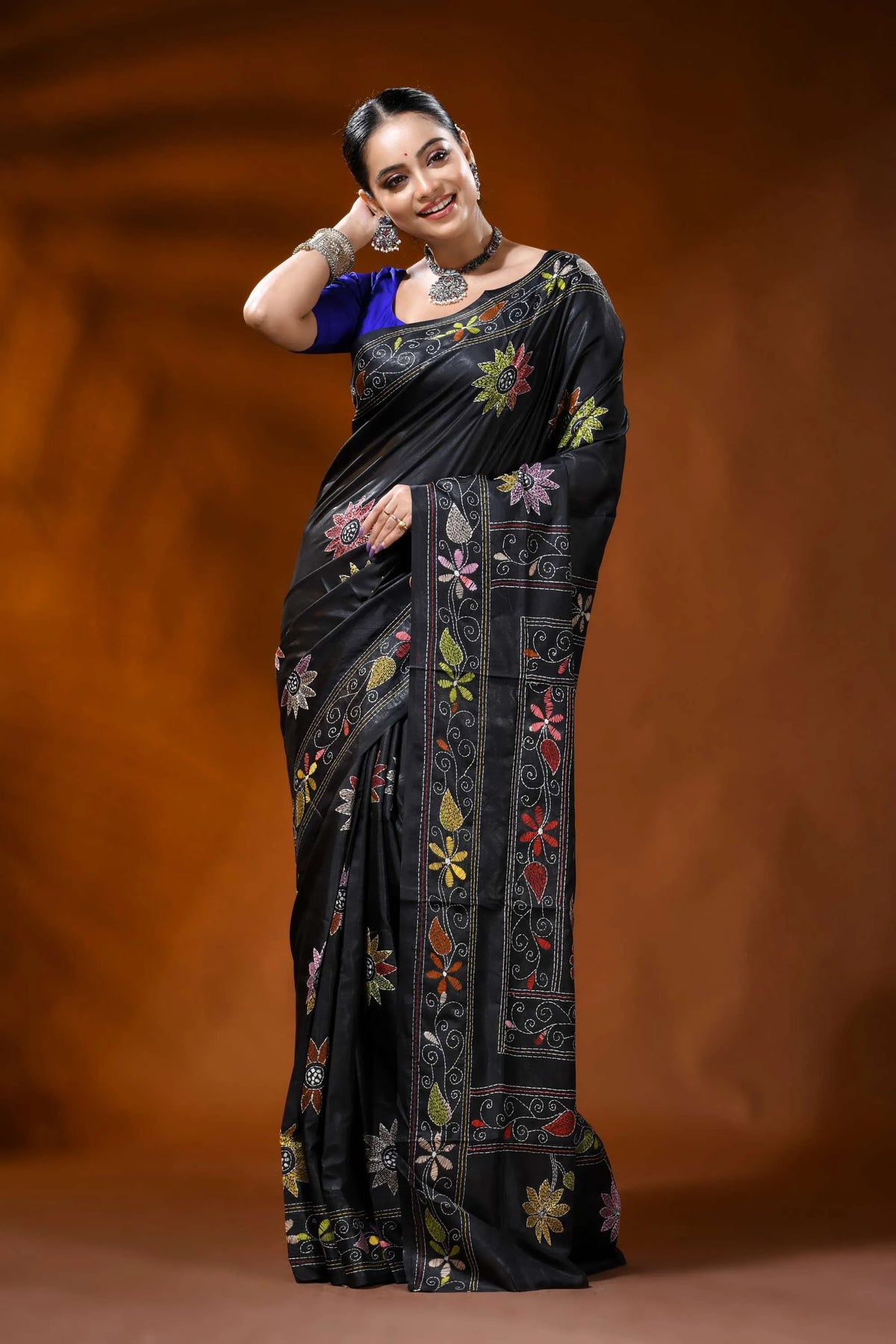 Handmade raven black silk kantha saree with multicolor floral design 6
