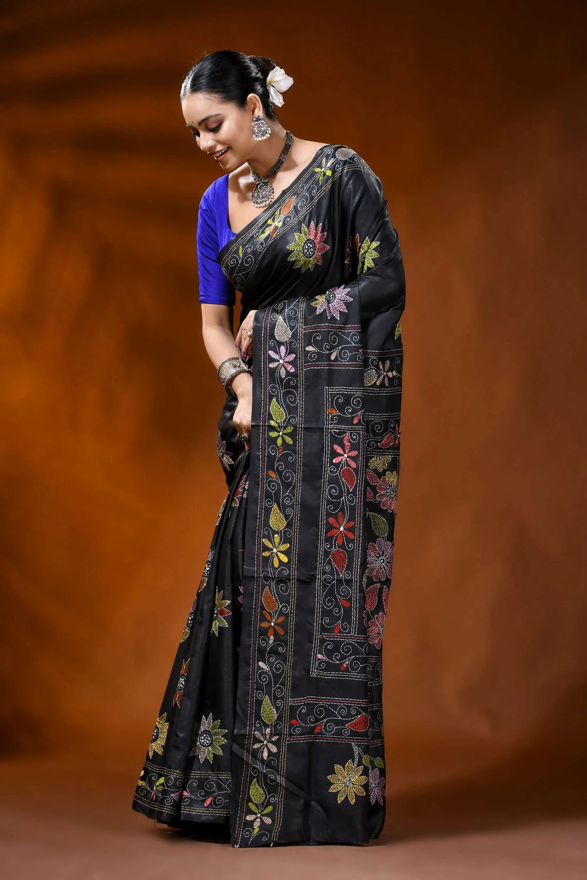 Handmade raven black silk kantha saree with multicolor floral design 3