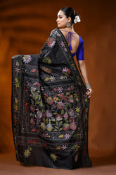 Handmade raven black silk kantha saree with multicolor floral design 4