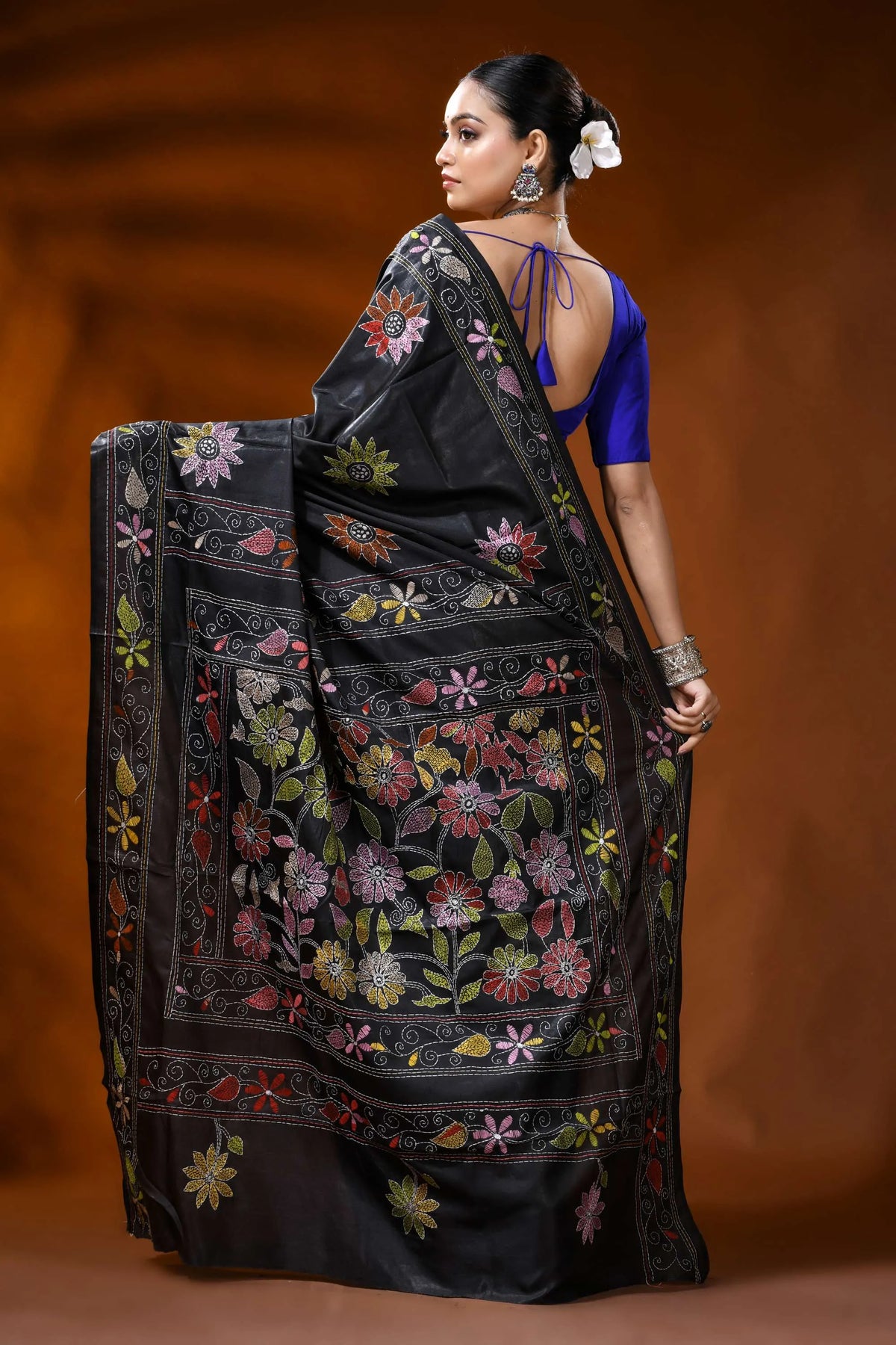 Handmade raven black silk kantha saree with multicolor floral design 4