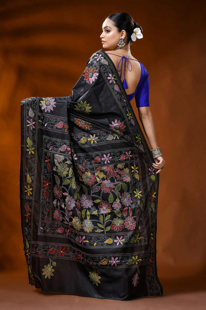 Handmade raven black silk kantha saree with multicolor floral design 4
