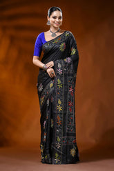 Handmade raven black silk kantha saree with multicolor floral design 1