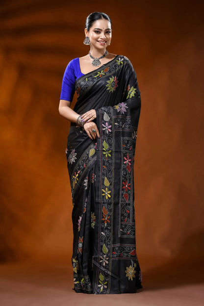 Handmade raven black silk kantha saree with multicolor floral design 1