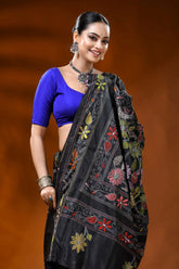 Handmade raven black silk kantha saree with multicolor floral design 2