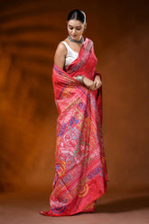 Handmade red silk kantha stitch saree with multicolor ethnic motif 4