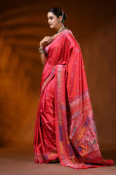 Handmade red silk kantha stitch saree with multicolor ethnic motif 3