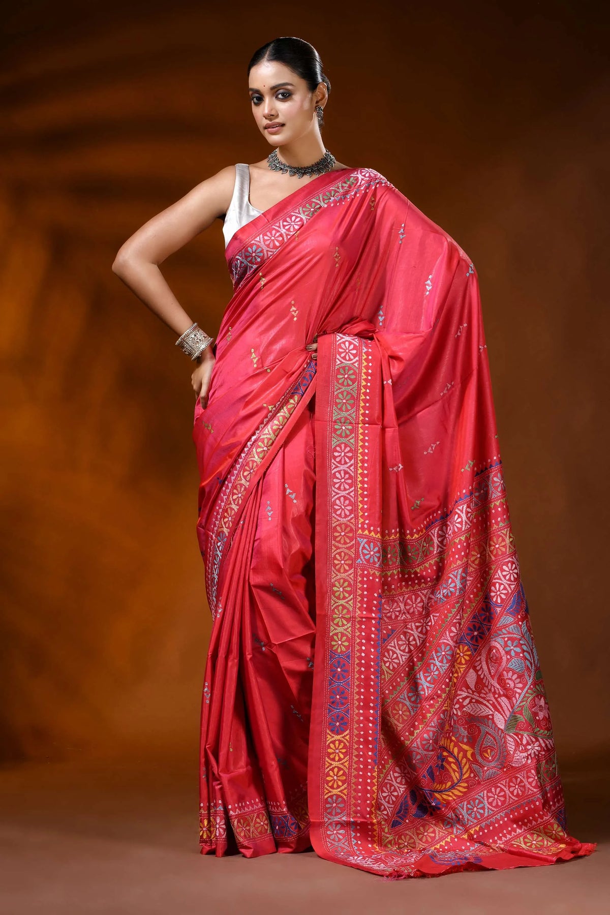 Handmade red silk kantha stitch saree with multicolor ethnic motif 1