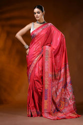 Handmade red silk kantha stitch saree with multicolor ethnic motif 1