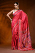 Handmade red silk kantha stitch saree with multicolor ethnic motif 1