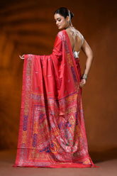 Handmade red silk kantha stitch saree with multicolor ethnic motif 5