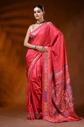 Handmade red silk kantha stitch saree with multicolor ethnic motif 6