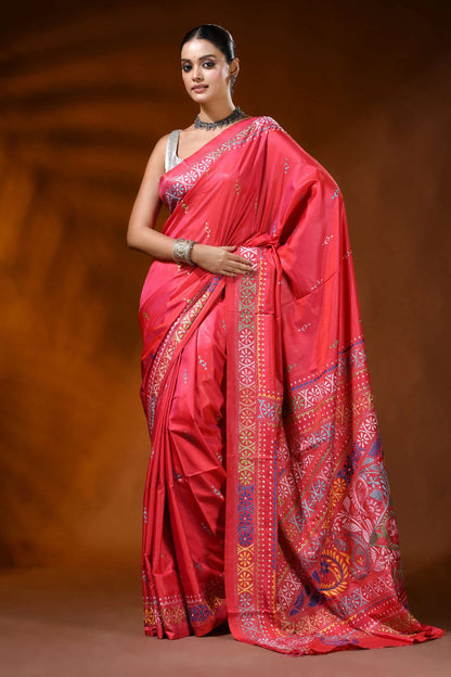 Handmade red silk kantha stitch saree with multicolor ethnic motif 6