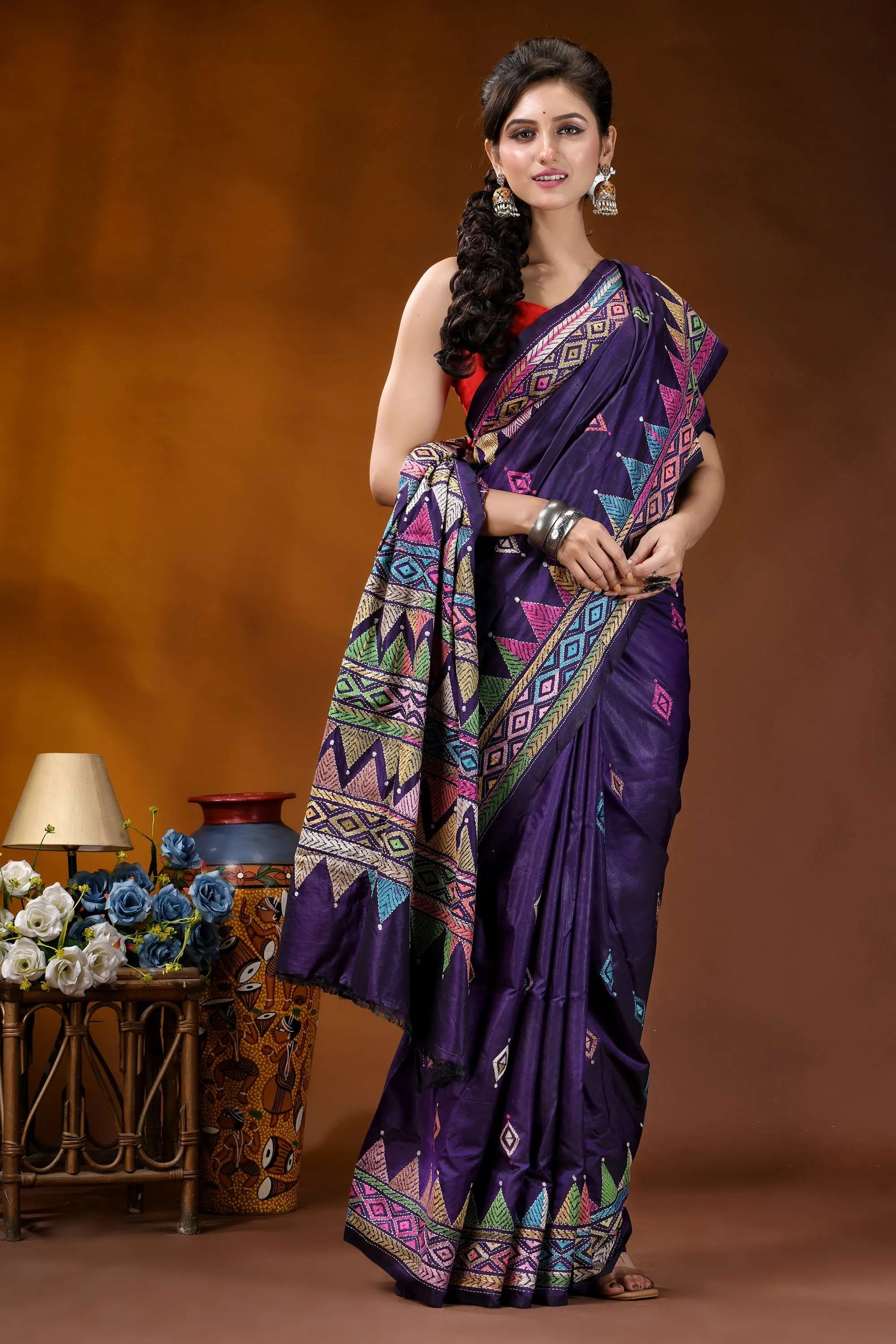 Handmade royal purple silk kantha saree with multithread geometric design richly embroidered purple saree vibrant 4