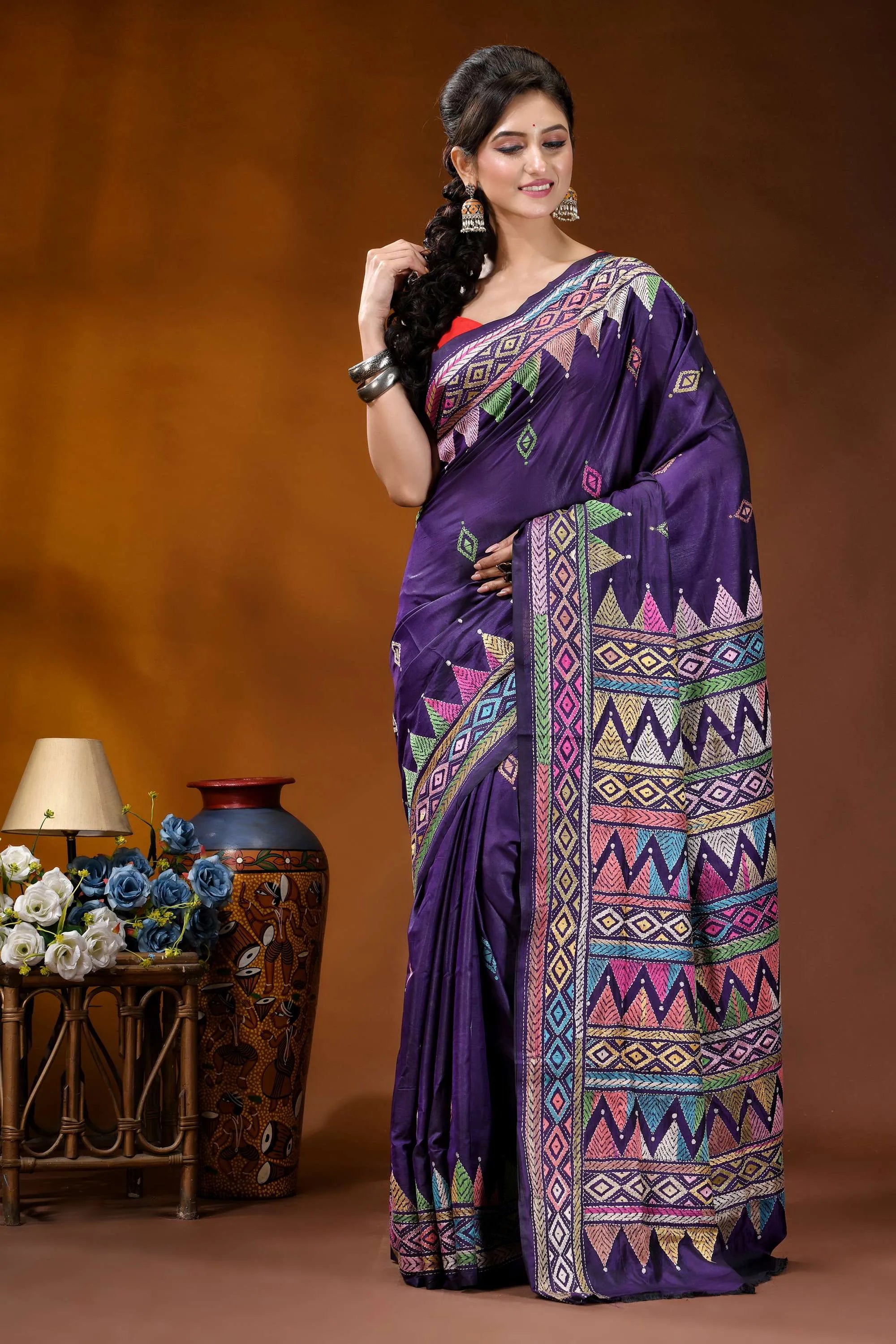 Handmade royal purple silk kantha saree with multithread geometric design vibrant purple silk saree adorned 2